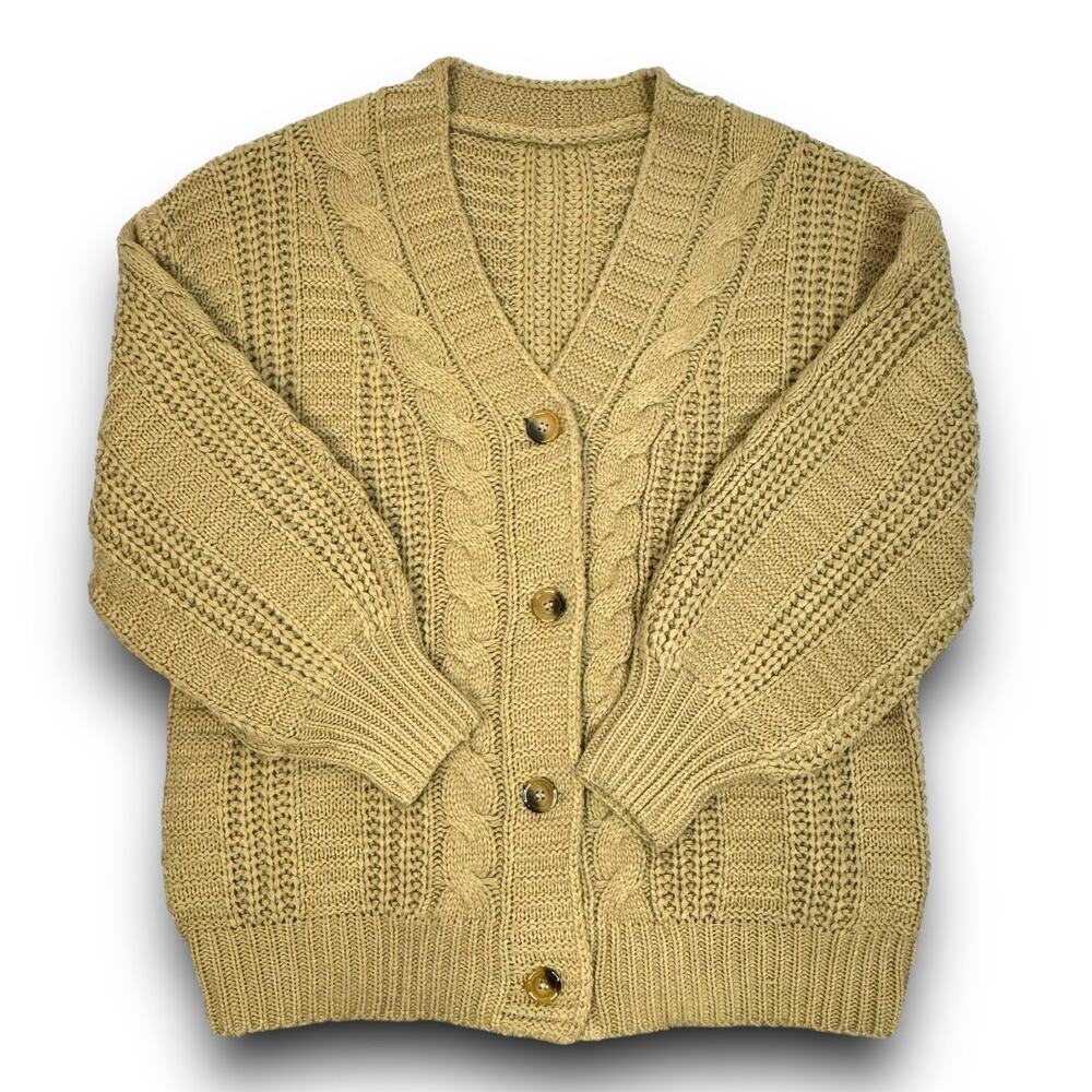 Cable Knit Tan Beige Vneck Cardigan Sweater Button Front Balloon Sleeves Medium